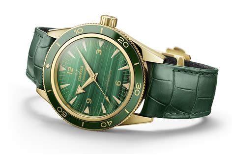 omega malachite|Seamaster 300 41 mm, yellow gold on leather strap .